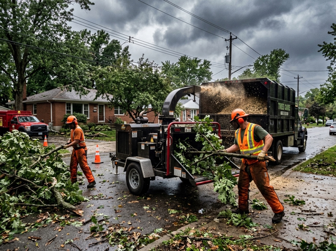 Crew feeding storm branches into a wood chipper